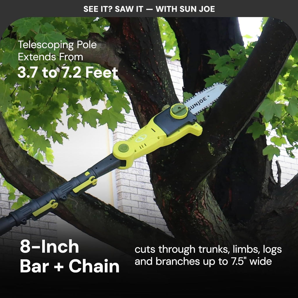 Cordless Pole Chainsaw Machine, Electric Telescoping Trimmer, Extendable up to 7.2 Ft - Heavy-Duty Trimming Equipment for Tree Trunks, Limbs, Logs, Brush, and Branches, 24V-PS8-LTE
