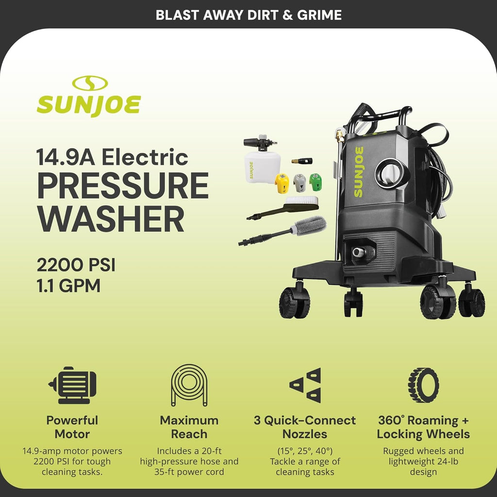 Electric Pressure Washer W/Wheels & 3 Quick-Connect Nozzles, 2200 PSI (PWMA Certified), 1.1 GPM, 14.9-Amp Motor - Heavy-Duty Cleaning Machine for Patios, Decks, Sidewalks & Cars, SPX3000-QW2