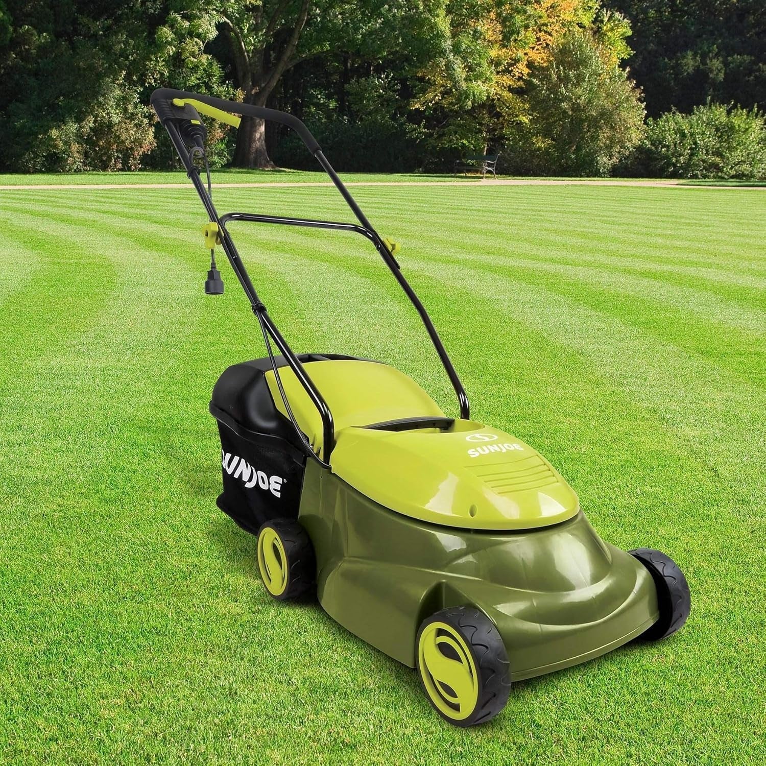 MJ401E 14-Inch 12-Amp Electric Lawn Mower W/Collapsible Handle for Storage, 3-Position Height Control, 10.6-Gallon Bag, Green