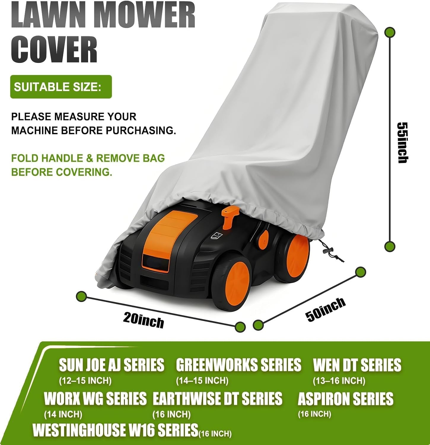 Dethatcher Cover Fits 15–16 in Dethatchers, Compatible with Sun Joe, WEN DT, WORX WG, John Deere Etc, Suitable for Most Electric Walk-Behind and Tow-Behind Dethatchers on the Market. 55*50*20Inch