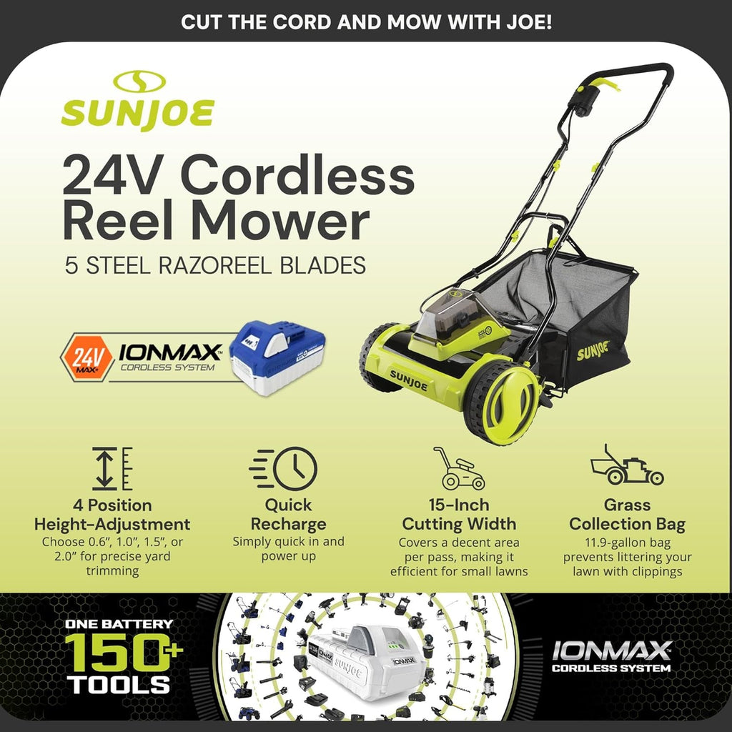 Cordless Electric Push Lawn Mower with 11.9-Gal Bag, 15-Inch Cutting Width, 360W Motor - Heavy-Duty Yard Trimmer for Gardening Care and Maintenance, IONMAX 24V-CRLM15