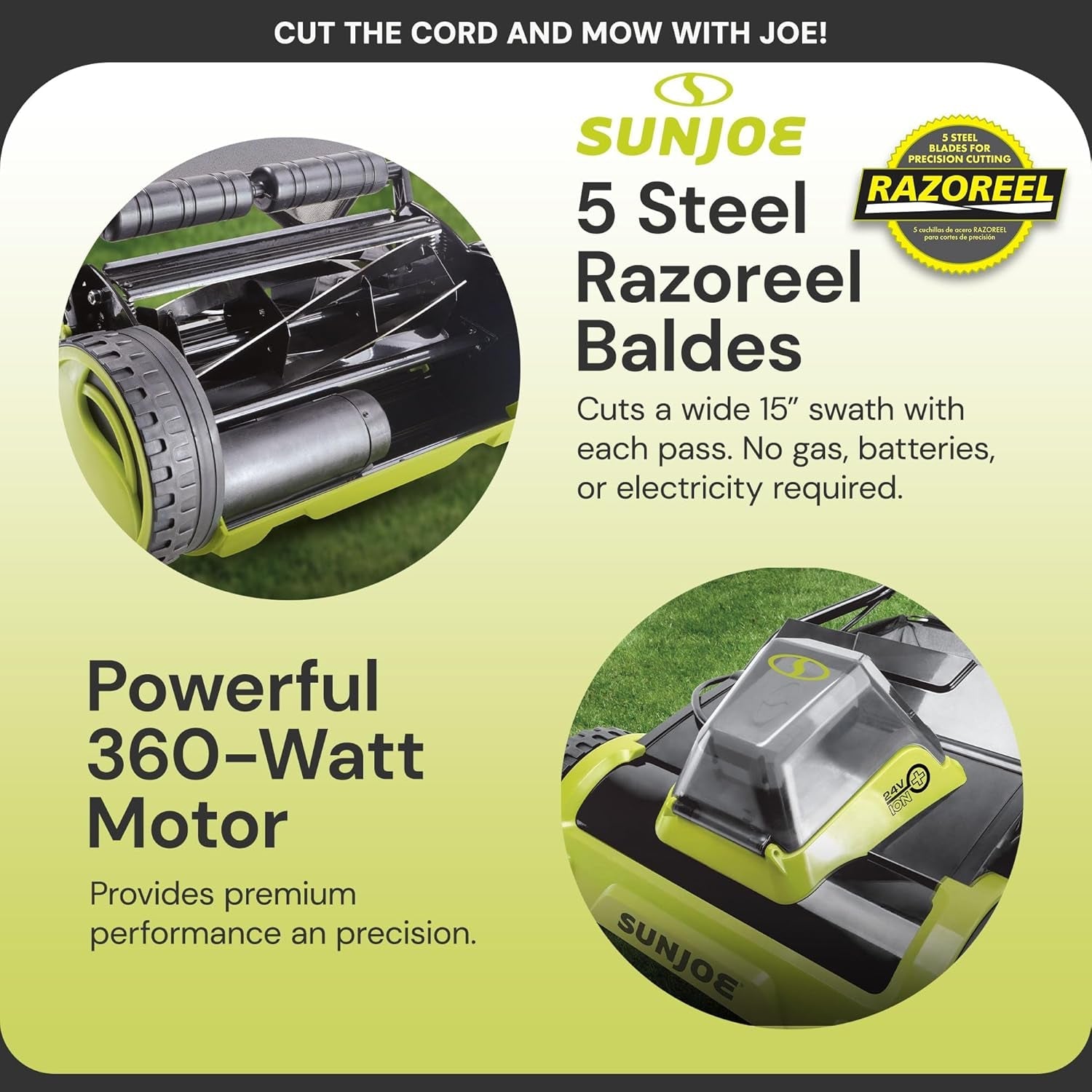 Cordless Electric Push Lawn Mower with 11.9-Gal Bag, 15-Inch Cutting Width, 360W Motor - Heavy-Duty Yard Trimmer for Gardening Care and Maintenance, IONMAX 24V-CRLM15