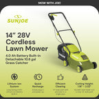 Cordless Electric Push Lawn Mower with 10.6-Gal Bag, 14-Inch Cutting Width, Green - Heavy-Duty Yard Trimmer Machine for Gardening Care and Maintenance, MJ401C-PRO