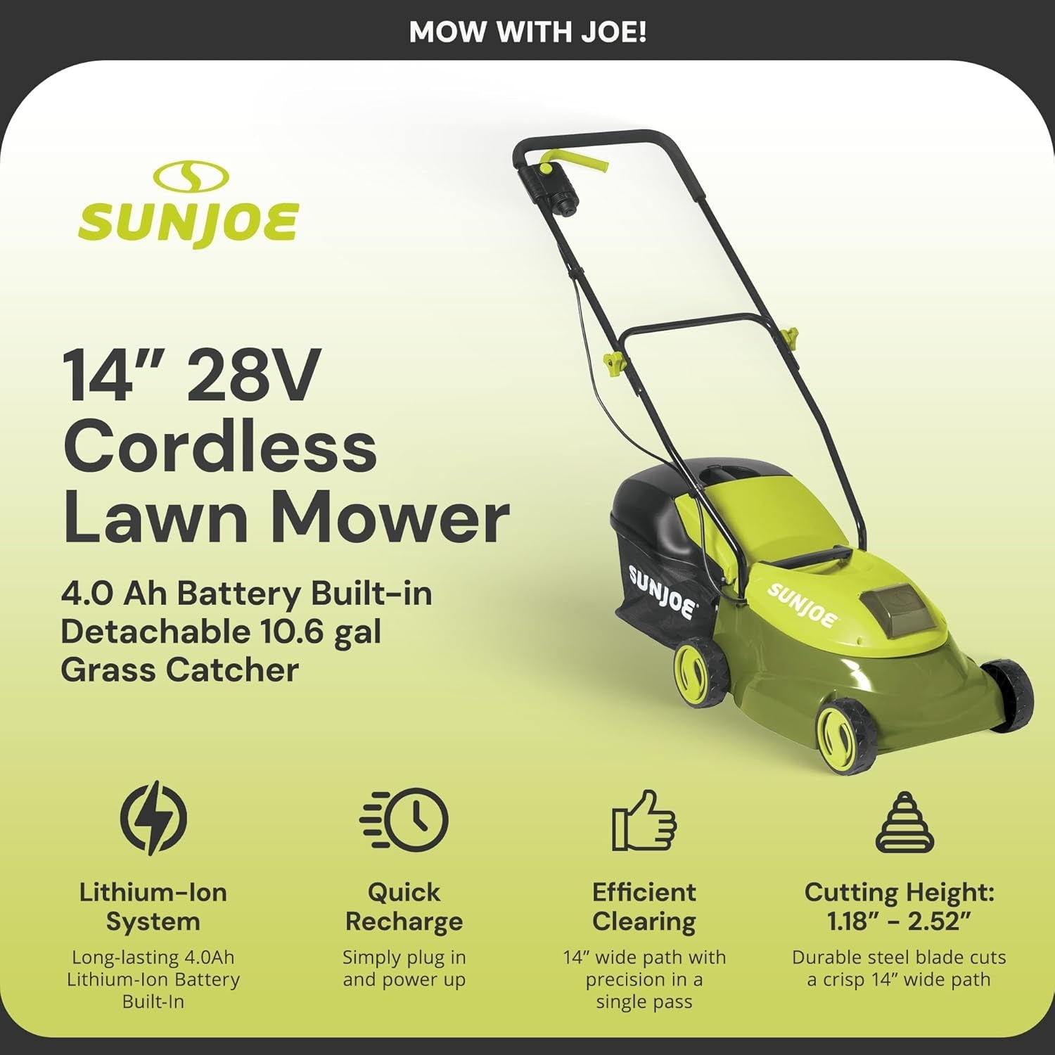Cordless Electric Push Lawn Mower with 10.6-Gal Bag, 14-Inch Cutting Width, Green - Heavy-Duty Yard Trimmer Machine for Gardening Care and Maintenance, MJ401C-PRO