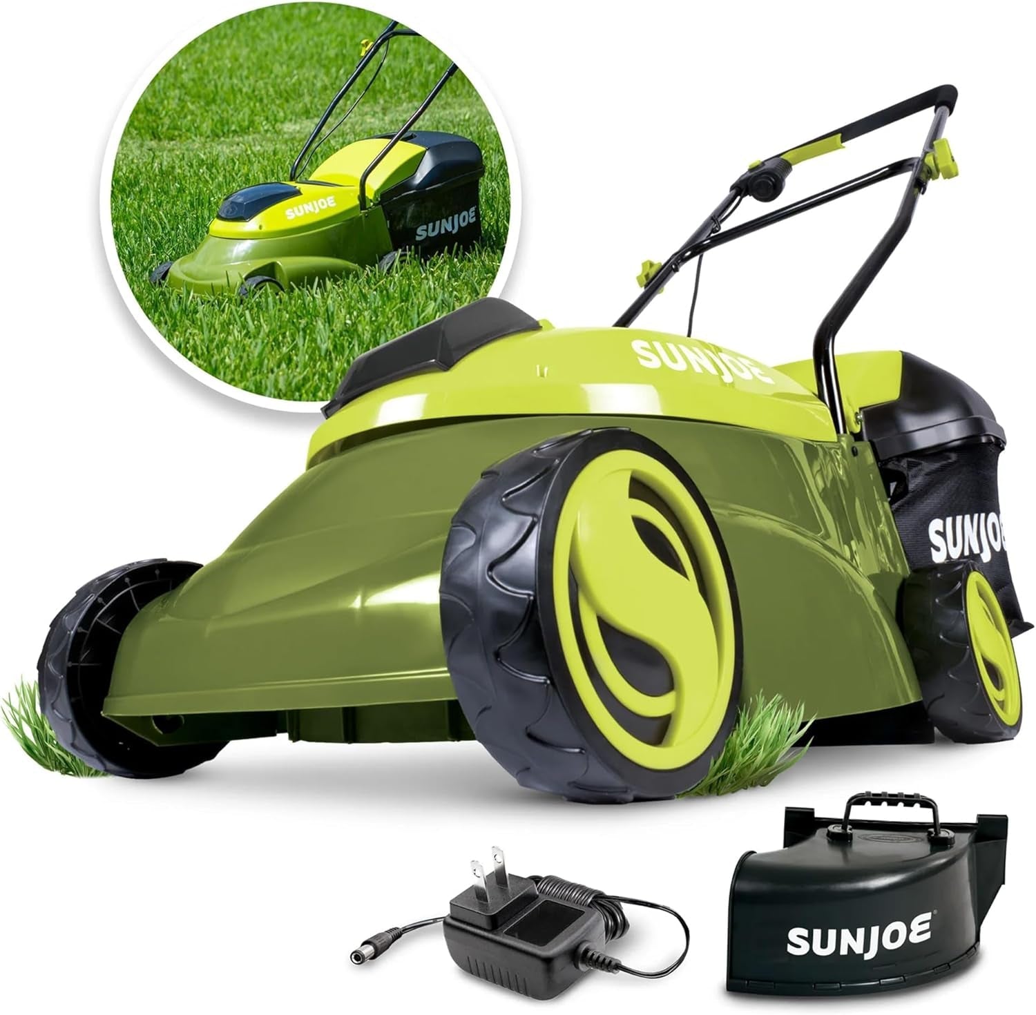 Cordless Electric Push Lawn Mower with 10.6-Gal Bag, 14-Inch Cutting Width, Green - Heavy-Duty Yard Trimmer Machine for Gardening Care and Maintenance, MJ401C-PRO
