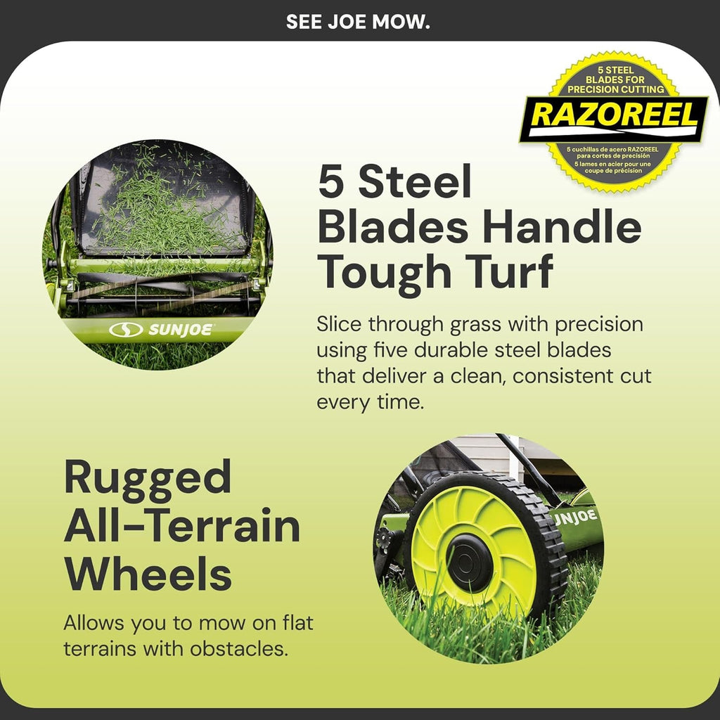 Lawn Mower, 16 Inch Manual Reel Push behind Machine, Outdoor Equipment with Removable Grass Catcher and Adjustable Cutting Height