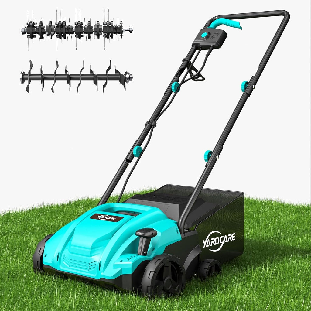 13-Inch 2-In-1 Electric Dethatcher & Scarifier, 12 Amp Lawn Tool with 8 Gal Collection Bag, Adjustable Depth, Powerful Motor for Healthier Grass