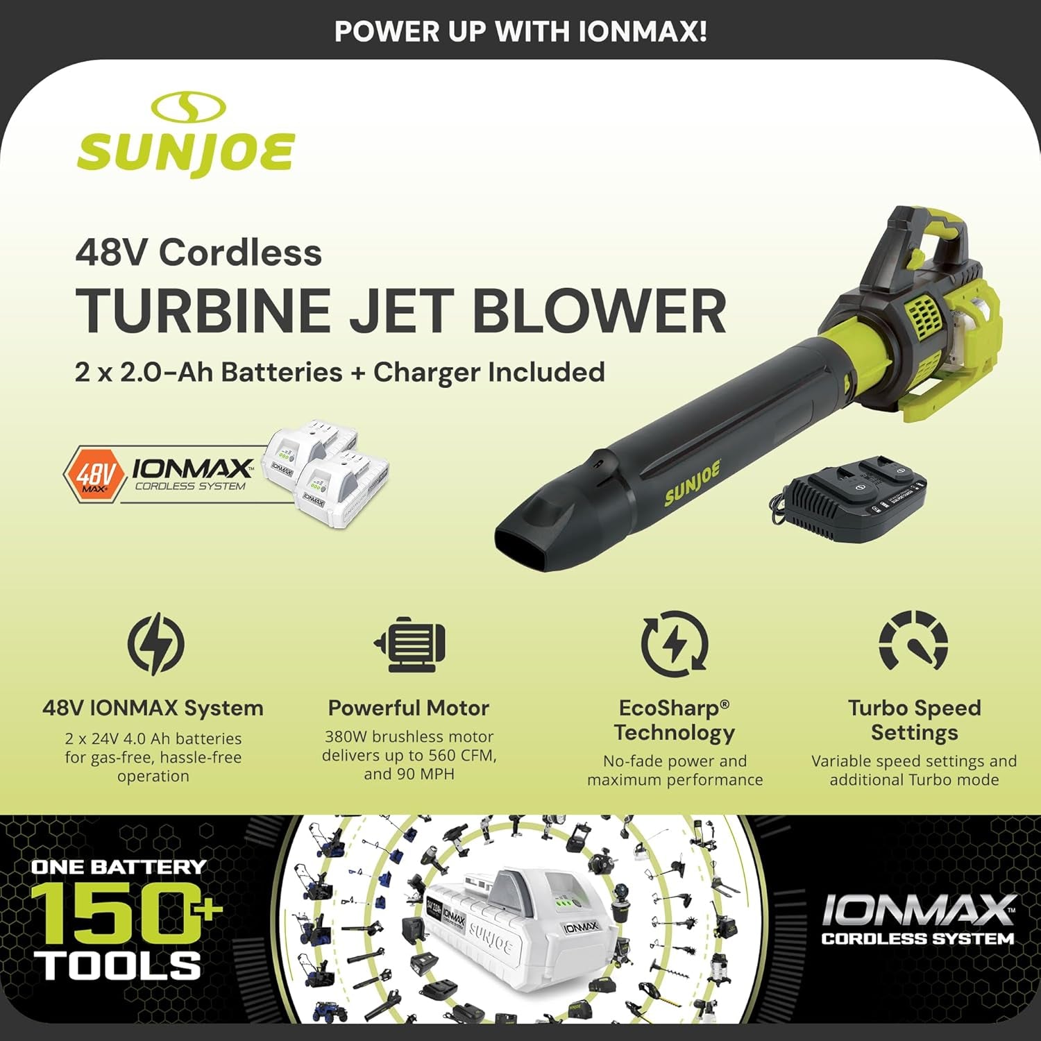 Cordless Brushless Turbine Jet Blower Kit with 2 Batteries & Charger, 24V, 133 MPH - Portable and Lightweight Battery-Powered Electric Equipment for Lawn, Garden, and Yard Care, 24V-X2-JB500