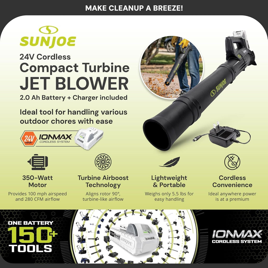 Cordless Jet Blower with Compact Turbine, Battery & Charger, 24V, 100 MPH - Portable and Lightweight Battery-Powered Electric Equipment for Lawn, Garden, and Yard Care, IONMAX 24V-TB-LTE